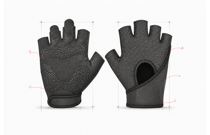 Black half-finger fitness glove reference shown from palm and back